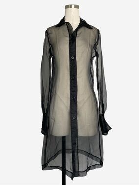 Vintage 90s La Belle black sheer organza button down tunic dress minimalist XS
